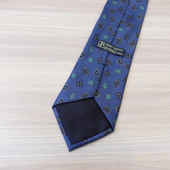 VINTAGE Jean Patou Neck Tie Men Blue Silk Parisian Gemstone Necktie Retro FRANCE - Picture 6 of 7